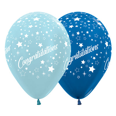 Sempertex 30cm Congratulations Stars Satin Pearl Blue & Metallic Blue Latex Balloons, 25PK