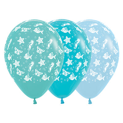 Sempertex 30cm Sea Creatures Fashion Aquamarine, Caribbean Blue & Blue Pastel Latex Balloons, 25PK