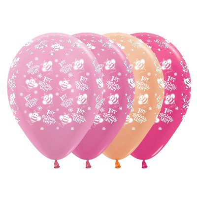 Sempertex 30cm 1st Birthday Girl Bumble Bee's Satin Pearl & Metallic Assorted Latex Balloons, 25PK