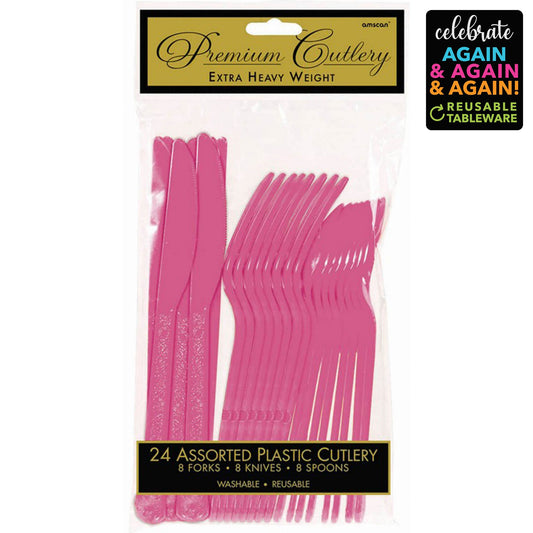 Premium Cutlery Set 24 Pack Bright Pink - Extra Heavy Weight