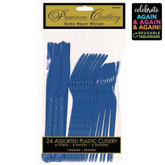 Premium Cutlery Set 24 Pack Bright Royal Blue - Extra Heavy Weight