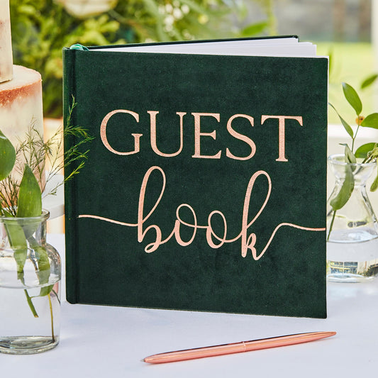 Botanical Wedding Green Velvet Bronze Foiled Guest Book