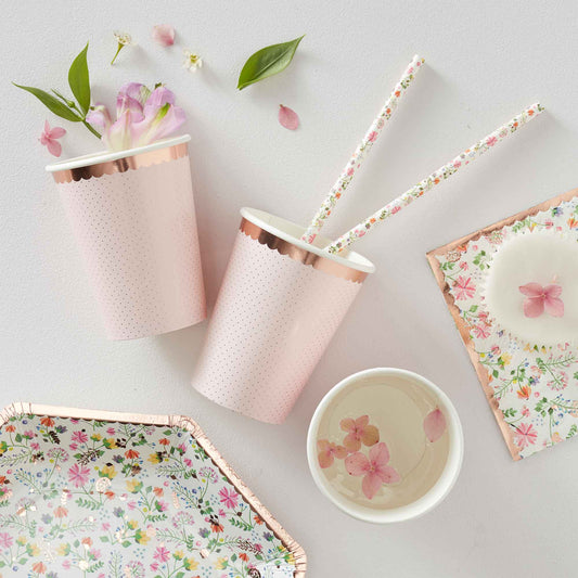 Ditsy Floral Paper Cups Polka Dot Rose Gold