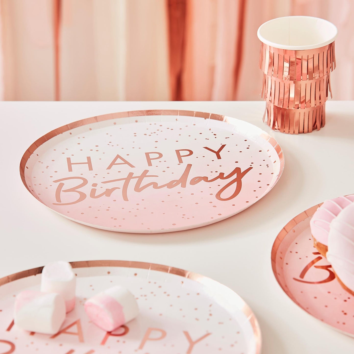 Mix It Up Happy Birthday Rose Gold Foiled Paper Plates