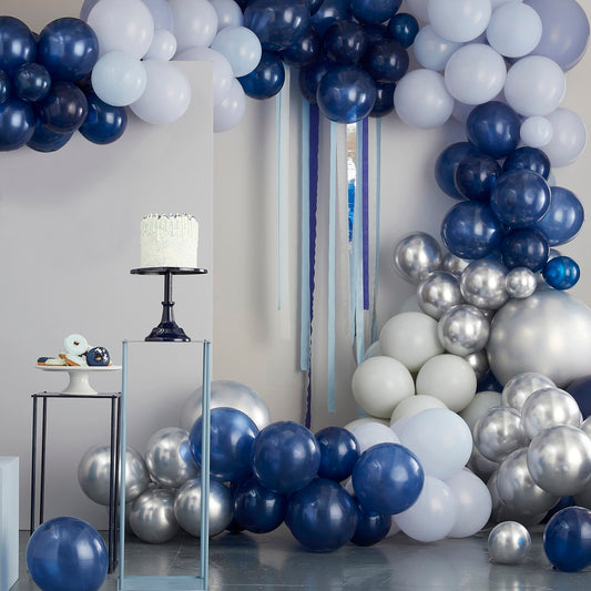 Balloon Arch Mixed Blue & Silver Chrome