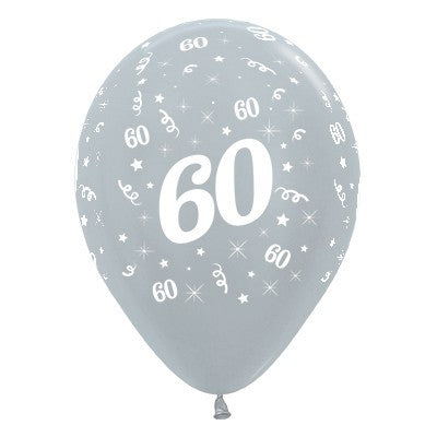 Sempertex 30cm Age 60 Satin Pearl Silver Latex Balloons, 25PK