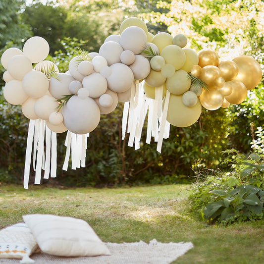 Wild Jungle Balloon Backdrop Balloon Arch with Streamers & Leaves Green, Cream, Grey & Gold Chrome