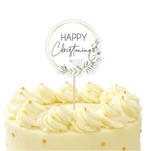 Botanical Celebration Happy Christening Cake Topper Pick FSC