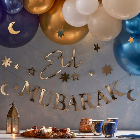 Eid Bunting Mubarak with Moons and Stars Gold FSC