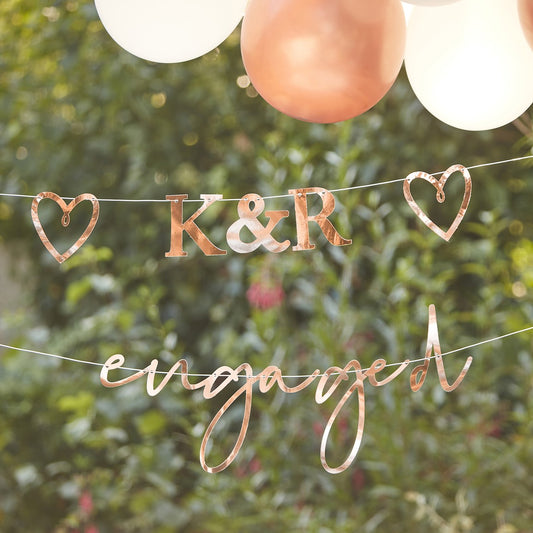 Engaged Bunting with Customisable Initials & Hearts Rose Gold FSC