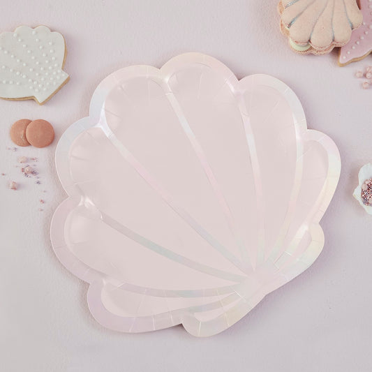 Mermaid Paper Plates Shell Shaped Pink & Iridescent FSC