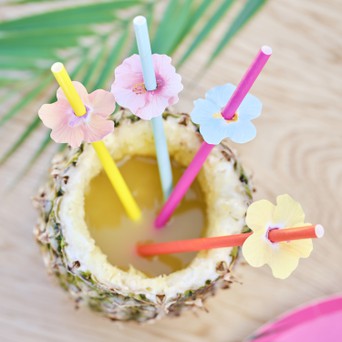Tiki Tropics Hawaiian Paper Party Straws with Flower Toppers FSC