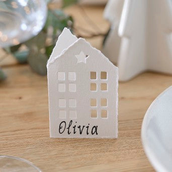 White Christmas Cotton Paper House Place Cards