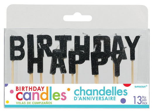 Happy Birthday Pick Candles - Glitter Black with Plastic Picks