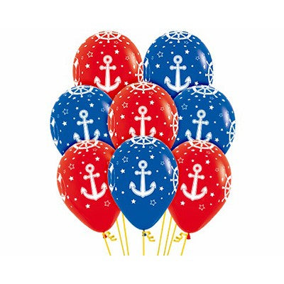 Sempertex 30cm Nautical Design on Fashion Red & Royal Blue Latex Balloons, 12PK