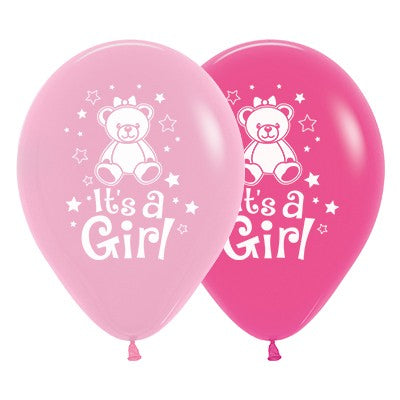 Sempertex 30cm It's A Girl Teddy Fashion Pink & Fuchsia Latex Balloons, 6PK