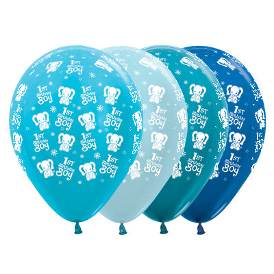 Sempertex 30cm 1st Birthday Boy Elephants Satin Pearl & Metallic Assorted Latex Balloons, 25PK