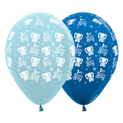Sempertex 30cm 1st Birthday Boy Elephants Satin Pearl Blue & Metallic Blue Latex Balloons, 25PK