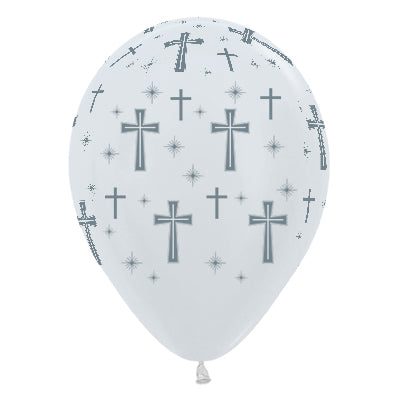 Sempertex 30cm Holy Cross Satin Pearl White & Silver Ink Latex Balloons, 25PK