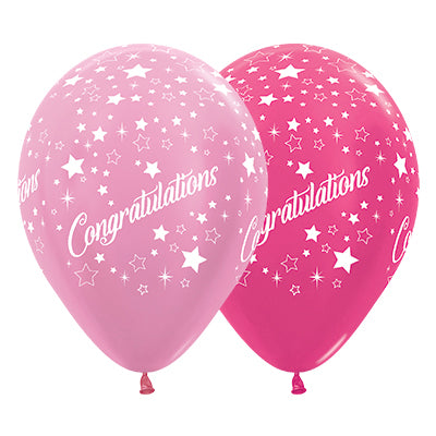 Sempertex 30cm Congratulations Stars Faces Satin Pearl Pink & Metallic Fuchsia Latex Balloons, 25PK