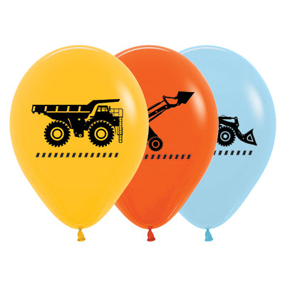 Sempertex 30cm Construction Trucks Fashion Yellow, Orange & Blue Latex Balloons, 25PK