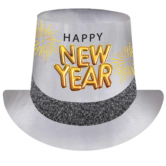 Happy New Year Glittered Top Hat Black, Silver & Gold
