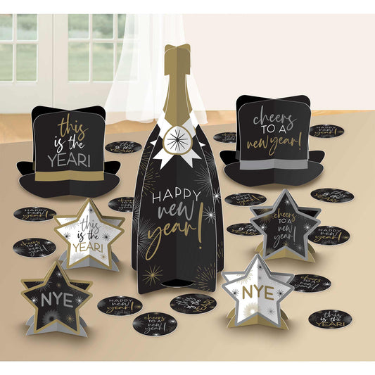 Happy New Year Table Decorating Centrepiece Kit Black, Silver & Gold