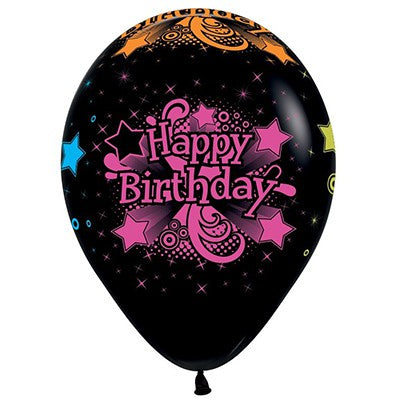 Sempertex 30cm Happy Birthday Fashion Black & Neon Latex Balloons, 12PK