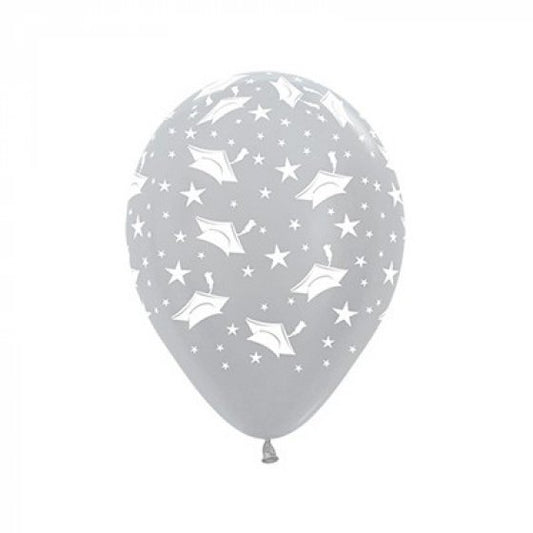 Sempertex 30cm Graduation Hats & Stars Satin Pearl Silver Latex Balloons, 12PK