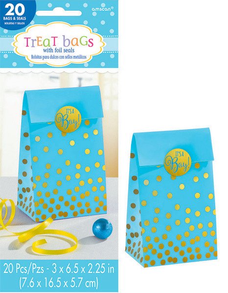 Foil Stamped Blue Paper Treat Bags & It's A Boy Stickers