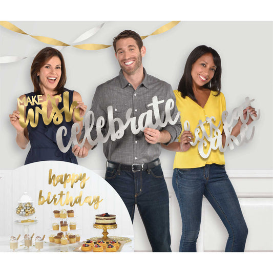 Happy Birthday Themed Foil Cutout Photo Props Silver & Gold