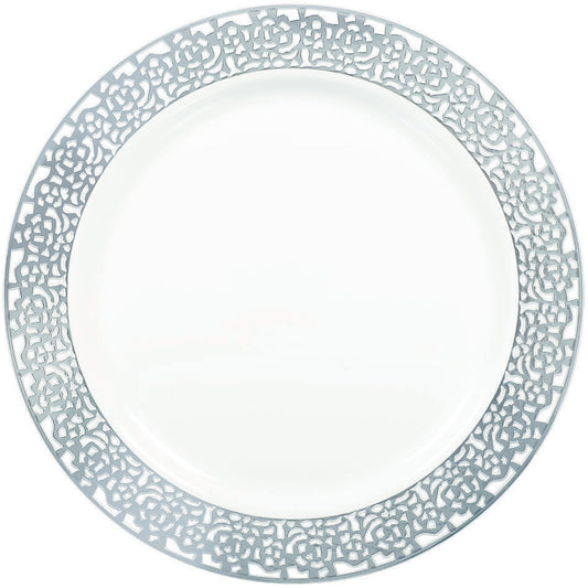 Premium White with Silver Lace Border 19cm Round Plastic Plates