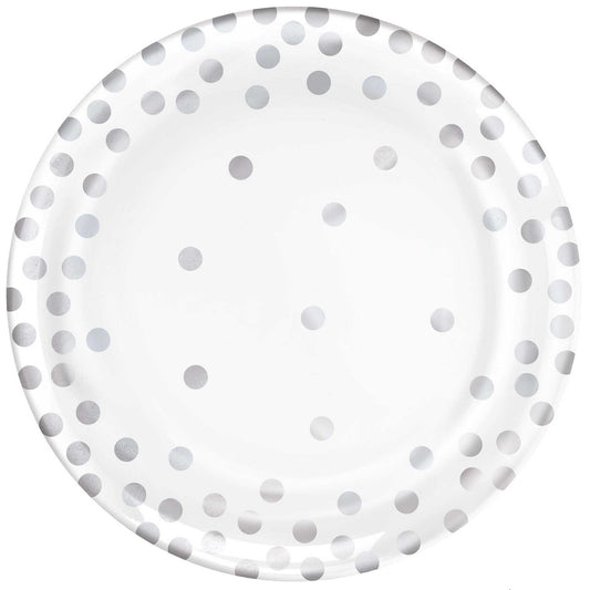 Confetti Silver Dots 15cm Round Plastic Plates Hot Stamped