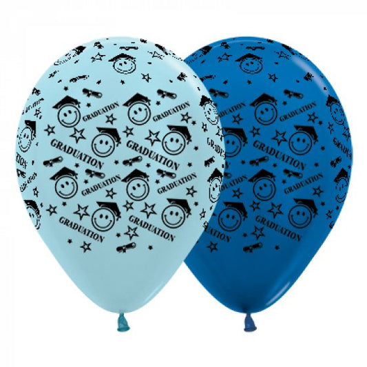 Sempertex 30cm Graduation Smiley Faces Satin Pearl Blue & Metallic Blue Latex Balloons, 25PK