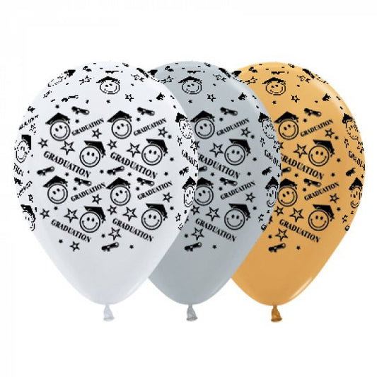 Sempertex 30cm Graduation Smiley Faces Satin White, Silver & Metallic Gold Latex Balloons, 25PK