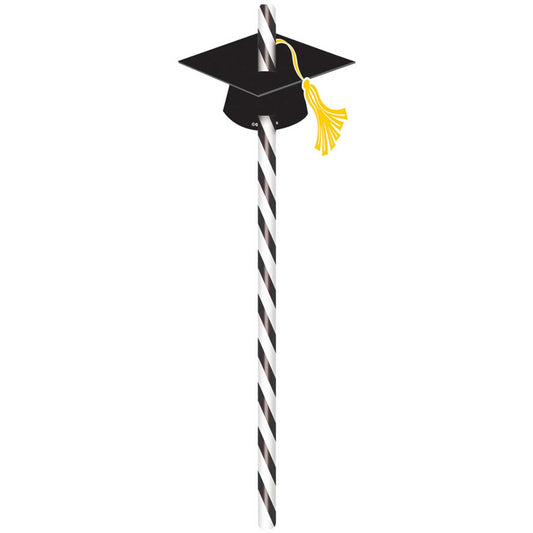 Paper Straws with Black Graduation Caps