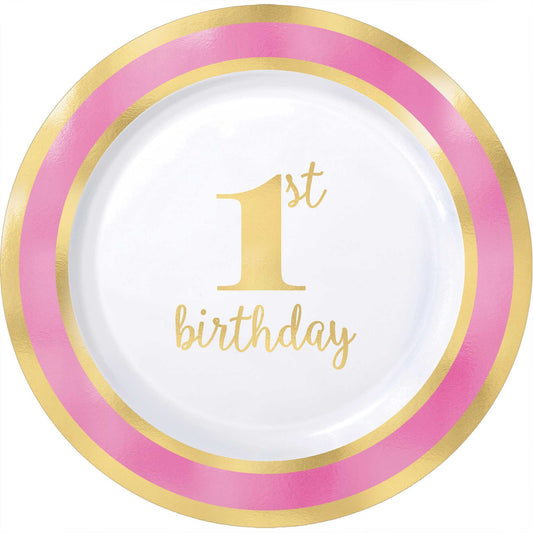 1st Birthday Pink 19cm Plastic Plates Hot Stamped