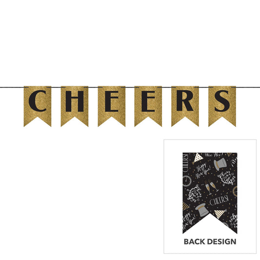 Cheers Black & Gold Glittered Pennant Ribbon Banner