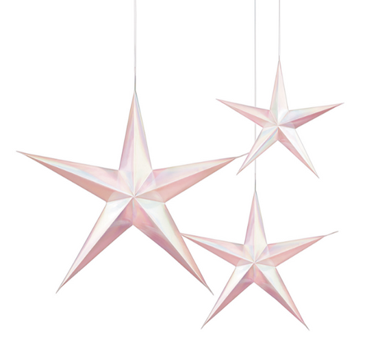 Hanging 3D Star Decorations Iridescent White & Pink