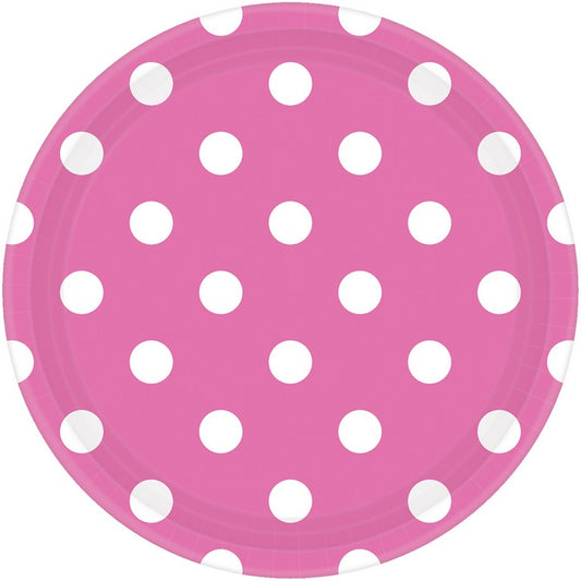 Dots 17cm Round Paper Plates Bright Pink