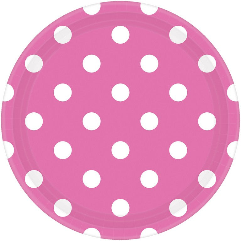 Dots 23cm Round Paper Plates Bright Pink