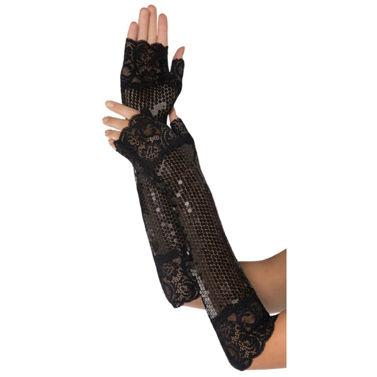 Roaring 20's Fancy Sequin Long Black Fingerless Gloves