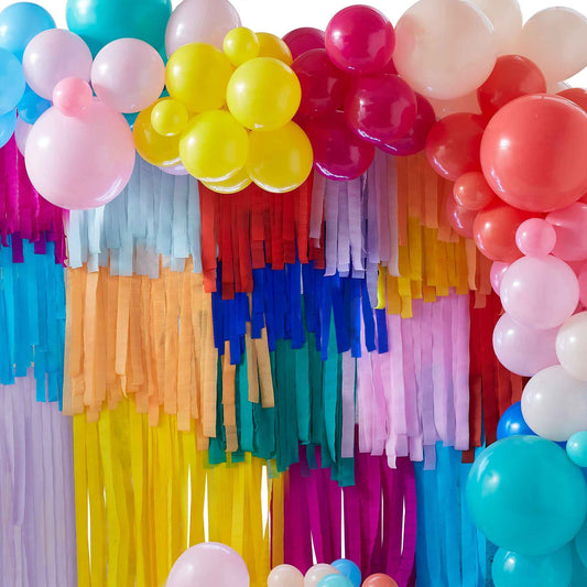 Mix It Up Backdrop Kit Layered Streamers & Balloon Arch Brights