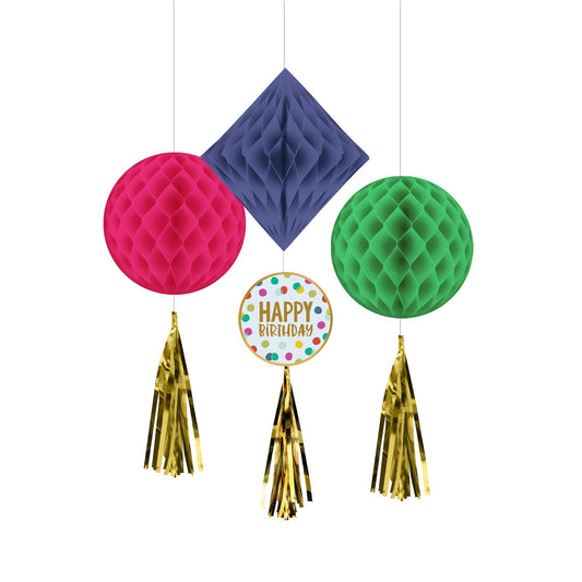 Happy Dots Happy Birthday Hanging Honeycomb Decorations & Tassels