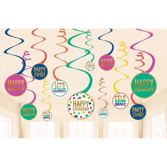 Happy Dots Happy Birthday Spiral Swirls Hanging Decorations Hot Stamped