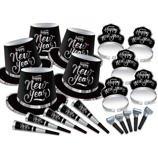 New Year's Party Box Kit Black & Silver for 20 People