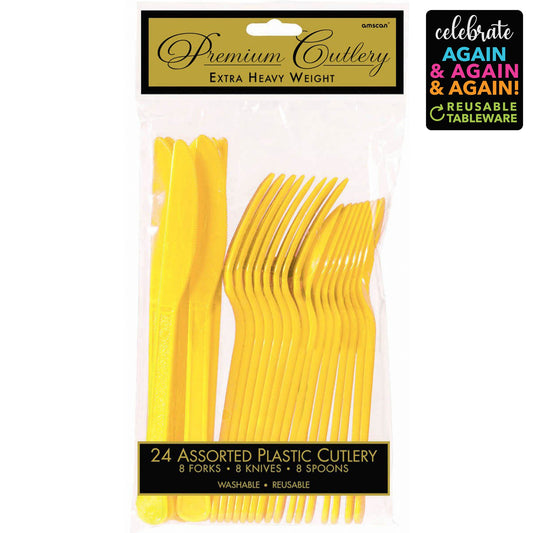 Premium Cutlery Set 24 Pack Yellow Sunshine - Extra Heavy Weight