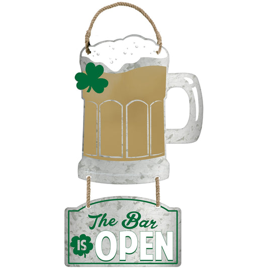 St Patrick's Day The Bar is OPEN & Beer Mug Hanging Metal Sign