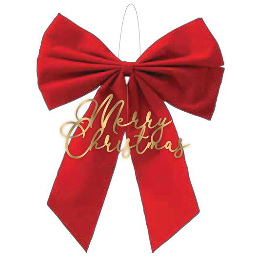 Christmas Gathered Red Bow & Merry Christmas Hanging Decoration