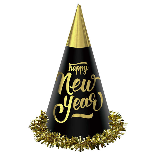 Happy New Year Black & Gold Foil Cone Hats 23cm